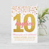 Pink Gold Glitzer Confetti Girl 10. Geburtstag Einladung (Stehend Vorderseite)