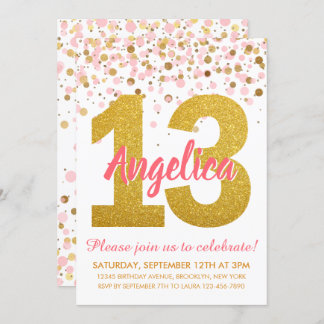 Pink Gold Glitzer Confetti Girl 13. Geburtstag Einladung