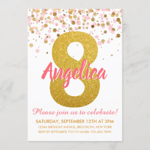 Pink Gold Glitzer Confetti Girl Achte Geburtstag Einladung