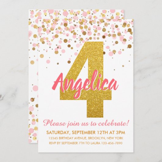 Pink Gold Glitzer Confetti Girl Einladung (Vorne/Hinten)