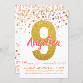 Pink Gold Glitzer Confetti Girl Ninth Birthday Einladung