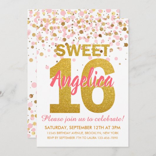 Pink Gold Glitzer Confetti Girl Sweet 16 Geburtsta Einladung (Vorne/Hinten)