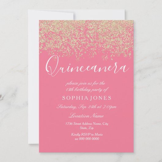 Pink Gold Glitzer Confetti Quinceanera Einladung (Vorderseite)