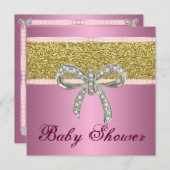 Pink Gold Glitzer Diamond Bow Babydusche laden ein Einladung (Vorne/Hinten)