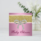 Pink Gold Glitzer Diamond Bow Babydusche laden ein Einladung (Stehend Vorderseite)