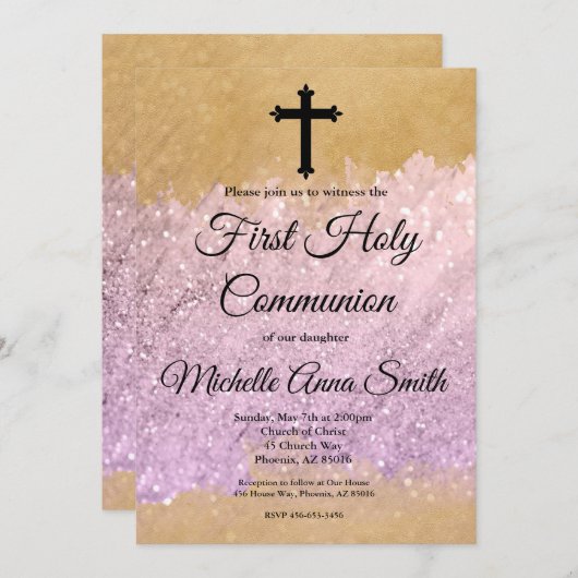 Pink Gold Glitzer Girl Erste Heilige Kommune Einladung (Vorne/Hinten)