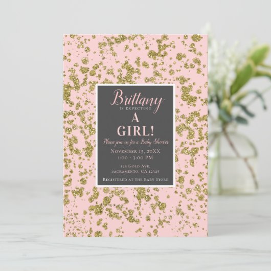 Pink & Gold Glitzer Girly Glam Moderne Babydusche Einladung (Stehend Vorderseite)