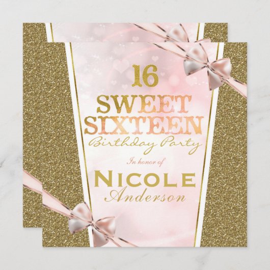 Pink Gold Glitzer Glam Sweet 16 Bow Birthday Party Einladung (Vorne/Hinten)
