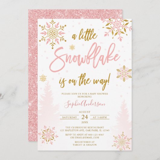 Pink Gold Glitzer Kleine Snowflake Babydusche Einladung (Vorne/Hinten)