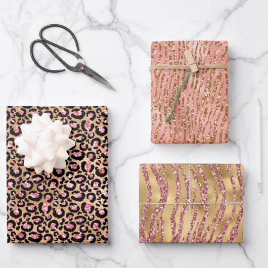 Pink Gold Glitzer Leopard Animal Print Geschenkpapier Set (Vorderseite)