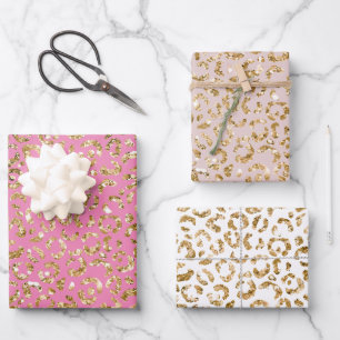 Pink Gold Glitzer Leopard Print Geschenkpapier Set