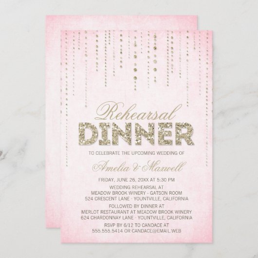 Pink & Gold Glitzer Look Probe Dinner einladen Einladung (Vorne/Hinten)