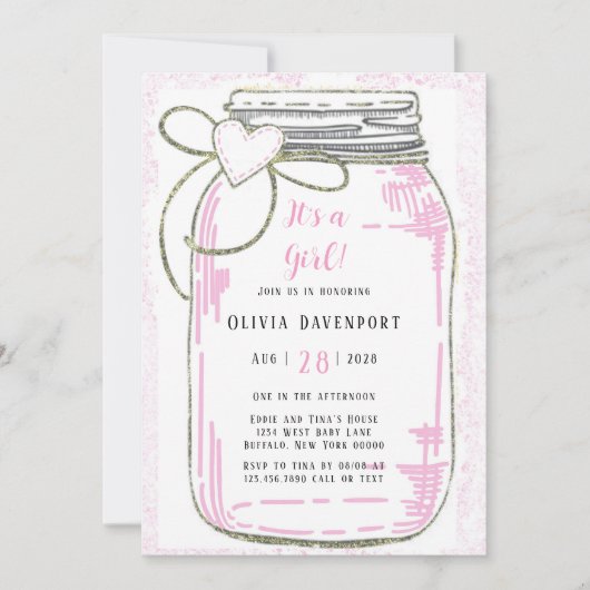 Pink Gold Glitzer Mason Jar Girl Babydusche Invit Einladung (Vorderseite)