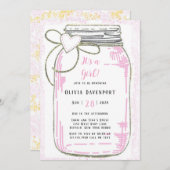 Pink Gold Glitzer Mason Jar Girl Babydusche Invit Einladung (Vorne/Hinten)