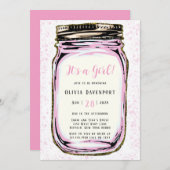 Pink Gold Glitzer Mason Jar Girl Kinderdusche Einladung (Vorne/Hinten)