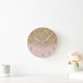 Pink & Gold Glitzer Moderne, trendige Glam Chic Runde Wanduhr (Zuhause)