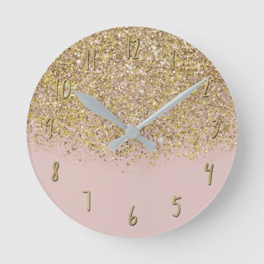 Pink & Gold Glitzer Moderne, trendige Glam Chic Runde Wanduhr (Vorderseite)