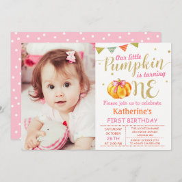 Pink Gold Glitzer Pumpkin Baby 1. Geburtstag Foto Einladung