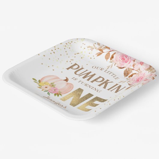 Pink Gold Glitzer Pumpkin Floral Girl 1. Geburtsta Pappteller (Gewinkelt)