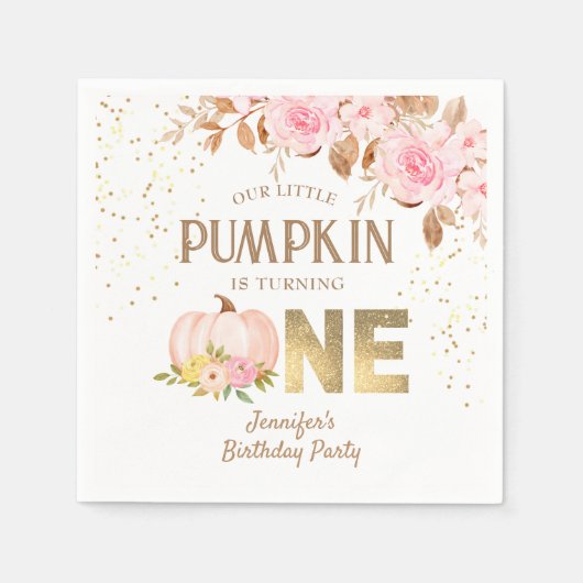 Pink Gold Glitzer Pumpkin Floral Girl 1. Geburtsta Serviette (Vorderseite)