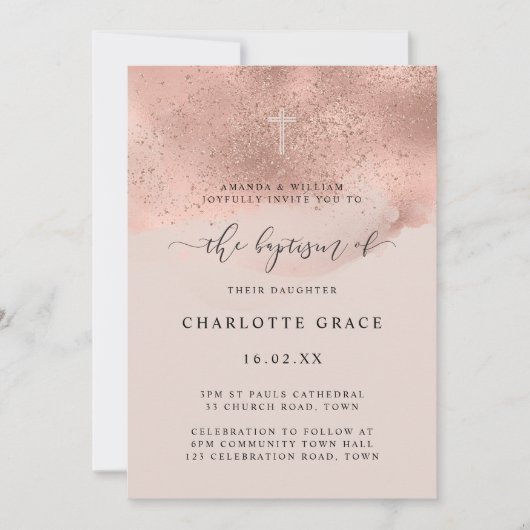 Pink Gold Glitzer Sparkle Script Taufe Einladung (Vorderseite)
