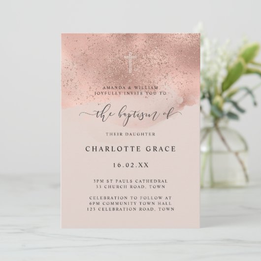 Pink Gold Glitzer Sparkle Script Taufe Einladung (Stehend Vorderseite)