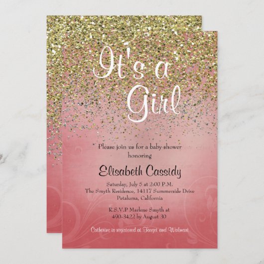 Pink & Gold Glitzer Sprinkle Kinderdusche laden ei Einladung (Vorne/Hinten)