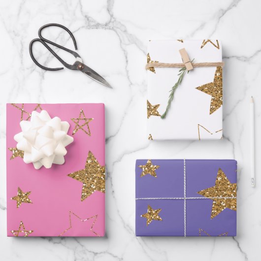 Pink Gold Glitzer Stars Geschenkpapier Set (Vorderseite)
