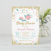 Pink Gold Glitzer Tee Party Kinderdusche Einladung (Stehend Vorderseite)