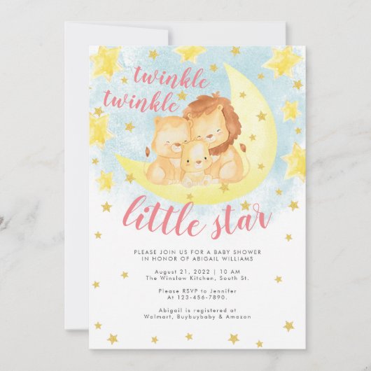 Pink Gold Glitzer Twinkle Little Star Baby Dusche Einladung (Vorderseite)