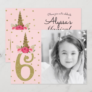 Pink Gold Glitzer Unicorn 6 6. Geburtstagsparty Einladung