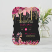 PINK Gold Glitzern Quinceanera Dress Floral Rose Einladung (Stehend Vorderseite)