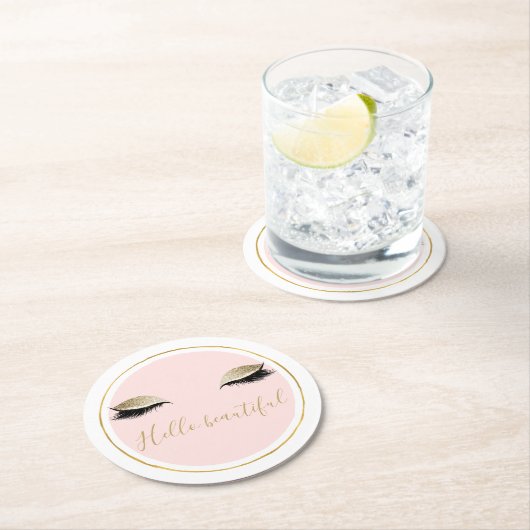 Pink Gold Glitzy Black Eyelashes Runder Pappuntersetzer (Vor Ort)