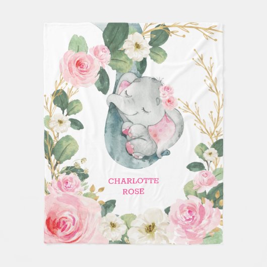Pink Gold Greenery Rose Elephant Girl Kinderzimmer Fleecedecke (Vorderseite)