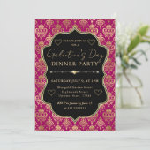 Pink & Gold Heart Damask Galentine's Dinner Party Einladung (Stehend Vorderseite)