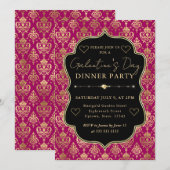 Pink & Gold Heart Damask Galentine's Dinner Party Einladung (Vorne/Hinten)