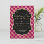 Pink & Gold Heart Damask Valentine's Dinner Party Einladung (Stehend Vorderseite)