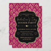 Pink & Gold Heart Damask Valentine's Dinner Party Einladung (Vorne/Hinten)