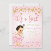 Pink Gold Heart Girl Tutu Kinderdusche Einladung (Vorderseite)