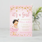 Pink Gold Heart Girl Tutu Kinderdusche Einladung (Stehend Vorderseite)
