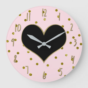 Pink & Gold Heart Polka Dots Modern Trendy Cute Große Wanduhr