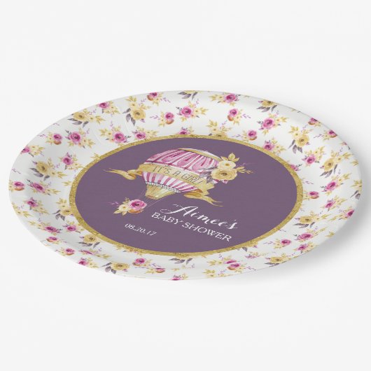 Pink+Gold Heißluftballon Babydusche Personalisiert Pappteller (Schrägansicht)