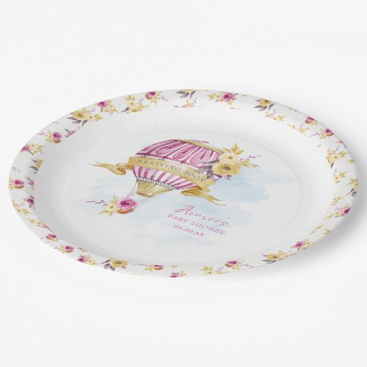 Pink Gold Hot Air Ballon Babydusche Personalisiert Pappteller (Schrägansicht)