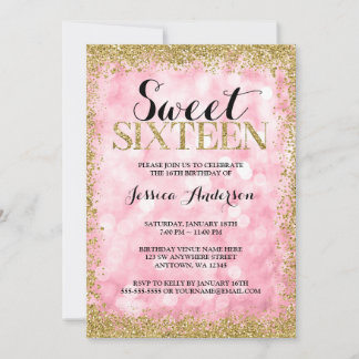 Pink Gold Imitate Glitzer Lights Sweet 16 Geburtst Einladung