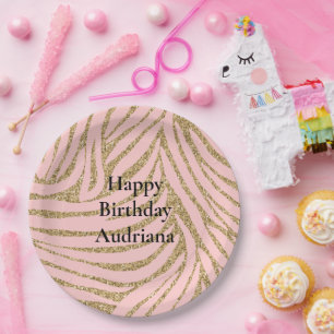 Pink Gold Imitate Glitzer Zebra Print Pappteller