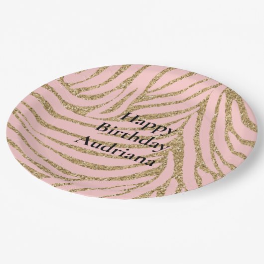 Pink Gold Imitate Glitzer Zebra Print Pappteller (Schrägansicht)