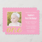 Pink Gold Imitats Glitzer Foto 1. Geburtstag Einladung (Vorne/Hinten)
