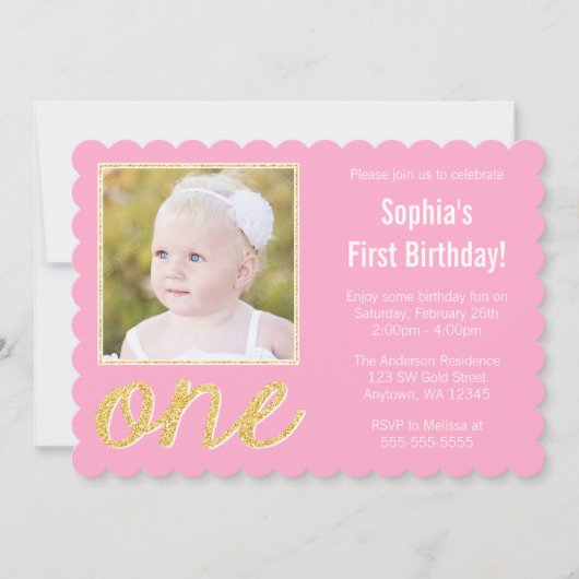 Pink Gold Imitats Glitzer Foto 1. Geburtstag Einladung (Vorderseite)