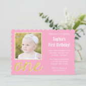 Pink Gold Imitats Glitzer Foto 1. Geburtstag Einladung (Stehend Vorderseite)