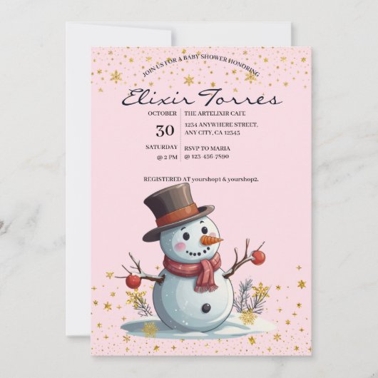 Pink & Gold Kleine Schneeflocken Snowman Baby Dusc Einladung (Vorderseite)